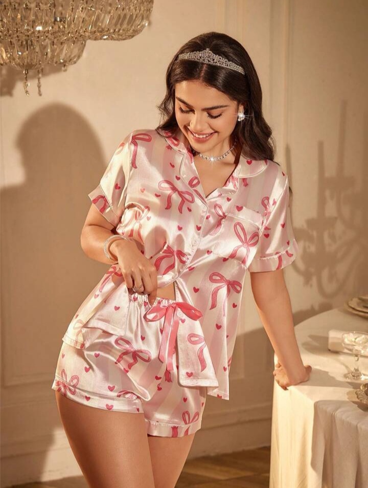 LuxeNights 2pcs Womens Bow Print Pocket Short Sleeve Top And Shorts Set, Spring/Summer